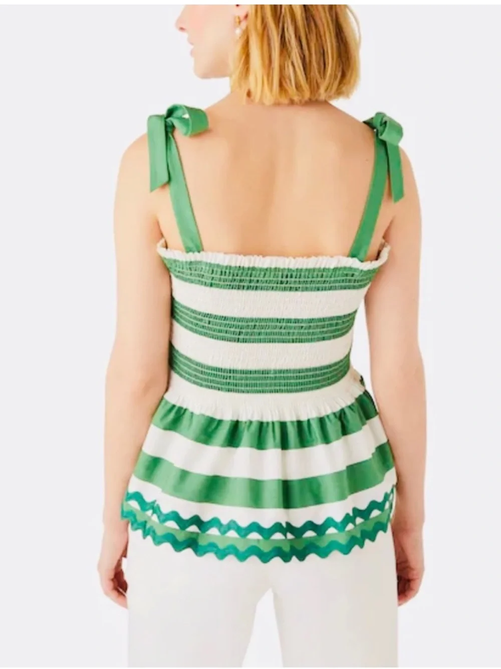 Kate Spade Beach Time Stripe Smocked Top Green Bean Strap Ties Ric Rac Hem